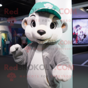 Silver Ferret mascot costume character dressed with a Sweatshirt and Hat pins