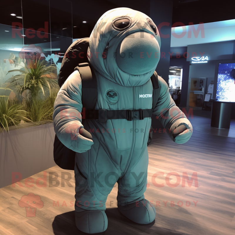 nan Stellar'S Sea Cow mascot costume character dressed with a Jumpsuit and Backpacks nan Stellar'S Sea Cow mascot costume character dressed with a Jumpsuit and Backpacks