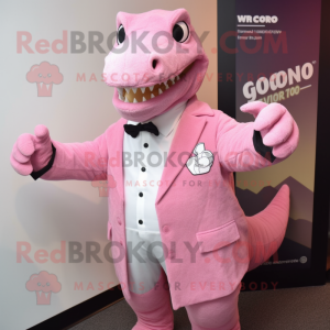 Pink Iguanodon mascot costume character dressed with a Suit and Mittens