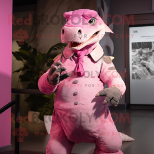 Pink Iguanodon mascot costume character dressed with a Suit and Mittens