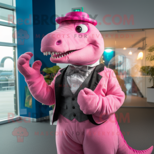 Pink Iguanodon mascot costume character dressed with a Suit and Mittens