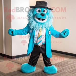 Turquoise Tamer Lion mascot costume character dressed with a Suit Jacket and Caps