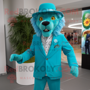 Turquoise Tamer Lion mascot costume character dressed with a Suit Jacket and Caps