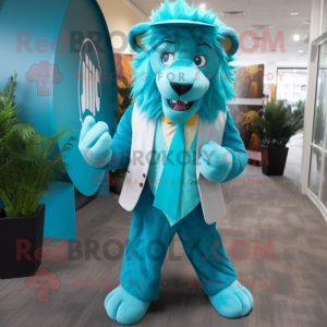 Turquoise Tamer Lion mascot costume character dressed with a Suit Jacket and Caps