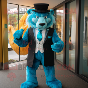 Turquoise Tamer Lion mascot costume character dressed with a Suit Jacket and Caps