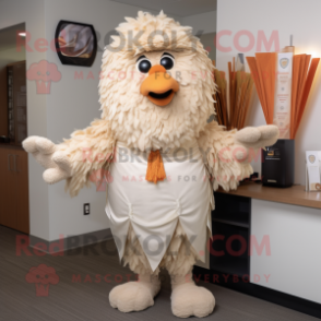 Beige Chicken Parmesan mascot costume character dressed with a Polo Shirt and Shawl pins