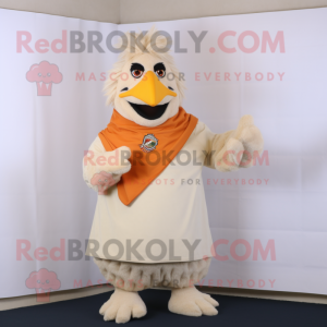 Beige Chicken Parmesan mascot costume character dressed with a Polo Shirt and Shawl pins