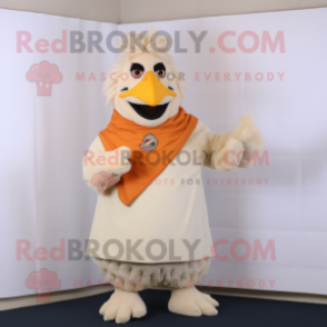 Beige Chicken Parmesan mascot costume character dressed with a Polo Shirt and Shawl pins