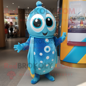 Cyan Shakshuka mascot costume character dressed with a Midi Dress and Bracelets