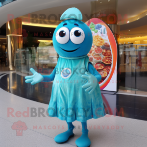 Cyan Shakshuka mascot costume character dressed with a Midi Dress and Bracelets