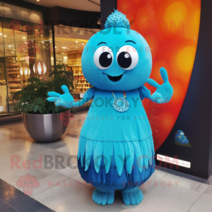 Cyan Shakshuka mascot costume character dressed with a Midi Dress and Bracelets