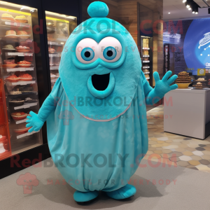 Cyan Shakshuka mascot costume character dressed with a Midi Dress and Bracelets