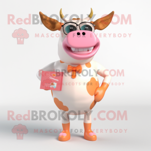 Peach Cow mascot costume character dressed with a One-Piece Swimsuit and Lapel pins