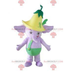 Mascote elefante roxo com roupa verde e uma flor -