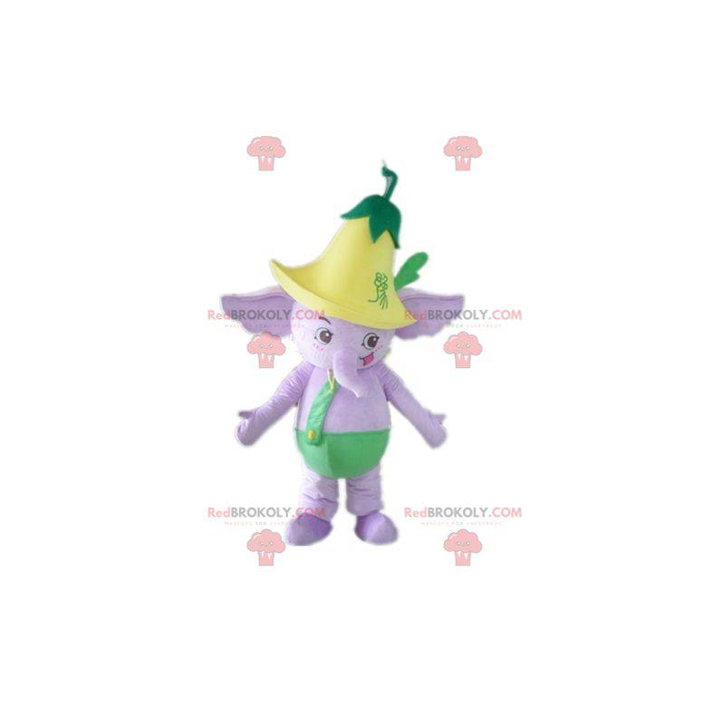 Purple elephant mascot in green outfit with a flower -