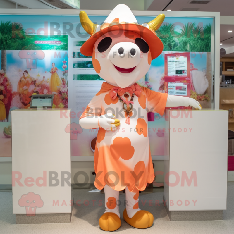 Peach Cow mascot costume character dressed with a One-Piece Swimsuit and Lapel pins