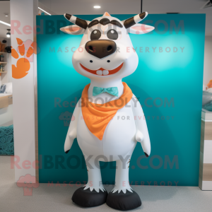 Peach Cow mascot costume character dressed with a One-Piece Swimsuit and Lapel pins