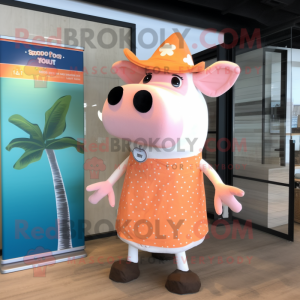 Peach Cow mascot costume character dressed with a One-Piece Swimsuit and Lapel pins