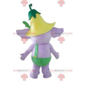 Mascote elefante roxo com roupa verde e uma flor -