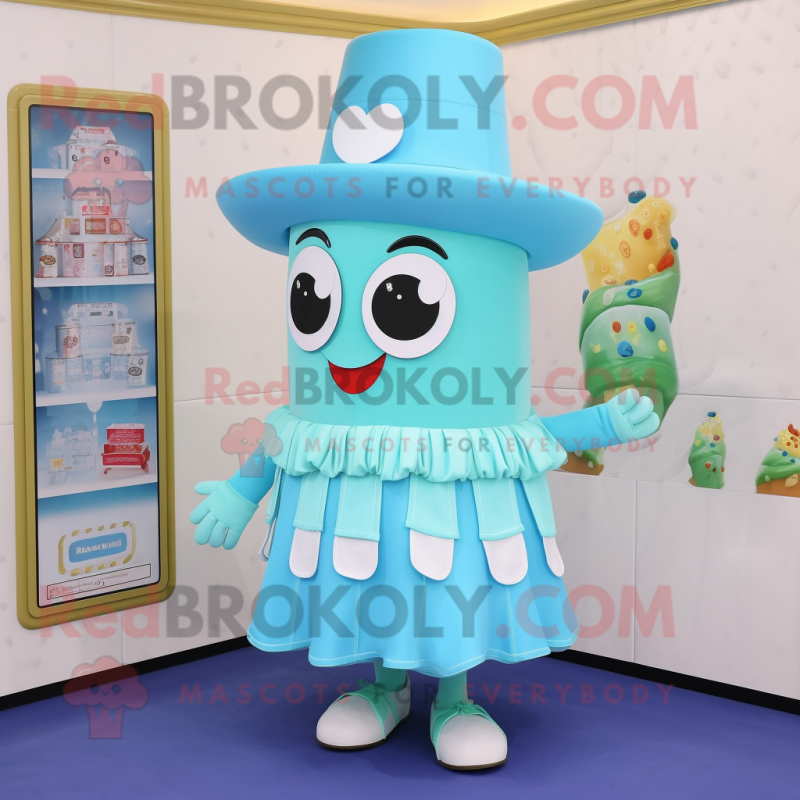 Cyan Candy Box mascot costume character dressed with a Wrap Skirt and Hat pins Cyan Candy Box mascot costume character dressed with a Wrap Skirt and Hat pins