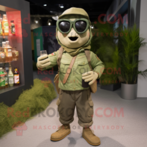 Olive Green Beer mascot costume character dressed with a Cargo Pants and Sunglasses