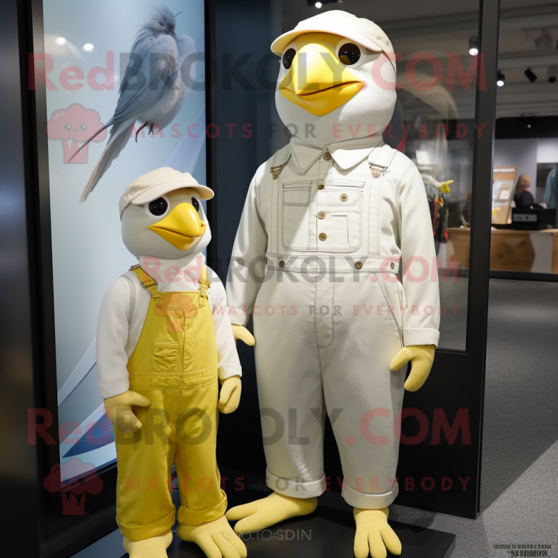 White Canary mascot costume character dressed with a Dungarees and Watches White Canary mascot costume character dressed with a Dungarees and Watches