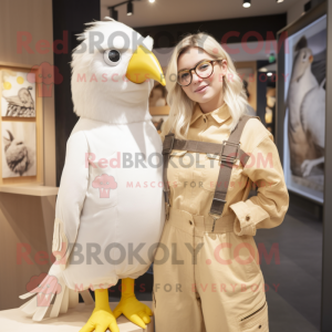 White Canary mascot costume character dressed with a Dungarees and Watches