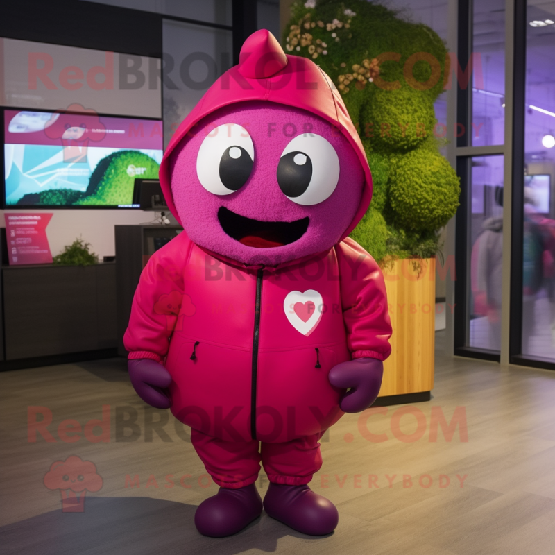 Magenta Cherry mascot costume character dressed with a Parka and Caps Magenta Cherry mascot costume character dressed with a Parka and Caps