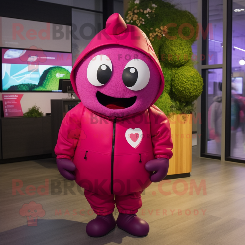 Magenta Cherry mascot costume character dressed with a Parka and Caps