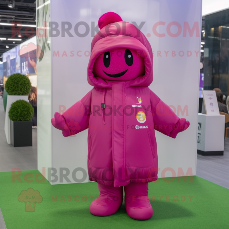 Magenta Cherry mascot costume character dressed with a Parka and Caps