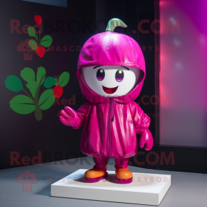 Magenta Cherry mascot costume character dressed with a Parka and Caps