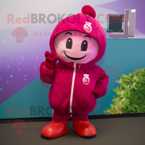 Magenta Cherry mascot costume character dressed with a Parka and Caps