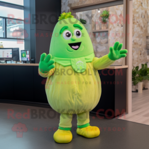 Lime Green Potato mascot costume character dressed with a Romper and Gloves