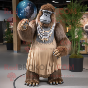 Tan Gorilla mascot costume character dressed with a Maxi Skirt and Necklaces
