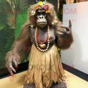 Tan Gorilla mascot costume character dressed with a Maxi Skirt and Necklaces