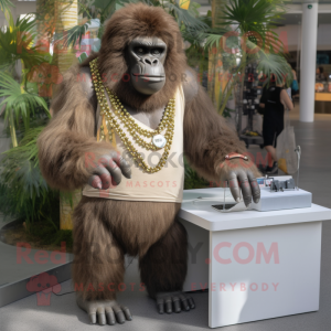 Tan Gorilla mascot costume character dressed with a Maxi Skirt and Necklaces
