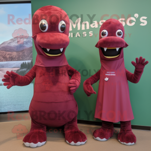 Maroon Loch Ness Monster mascot costume character dressed with a Mini Dress and Beanies
