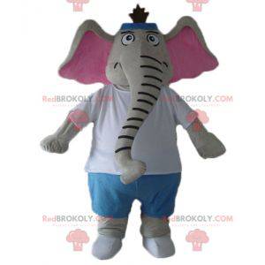 Mascote elefante cinza e rosa em traje azul e branco -