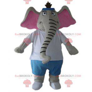 Gray and pink elephant mascot in blue and white outfit -