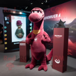 Maroon Loch Ness Monster mascot costume character dressed with a Mini Dress and Beanies