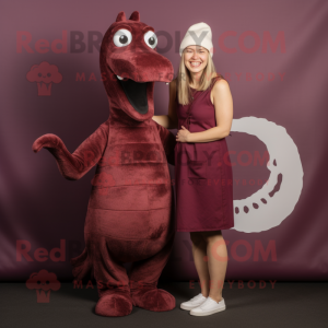 Maroon Loch Ness Monster mascot costume character dressed with a Mini Dress and Beanies