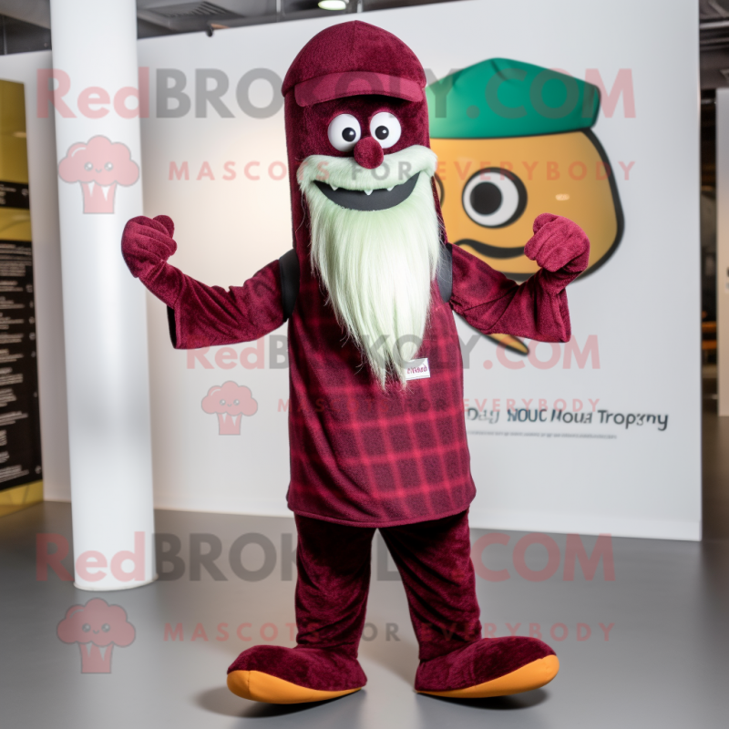 Maroon Loch Ness Monster mascot costume character dressed with a Mini Dress and Beanies