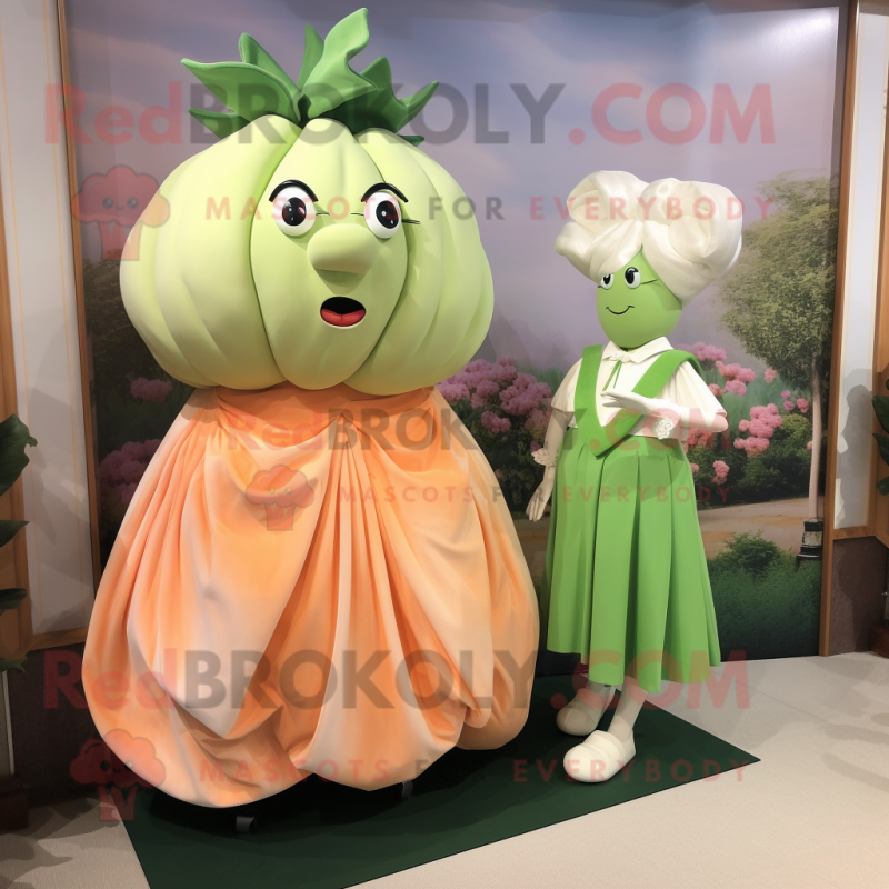 Peach Cabbage mascot costume character dressed with a Empire Waist Dress and Cufflinks Peach Cabbage mascot costume character dressed with a Empire Waist Dress and Cufflinks