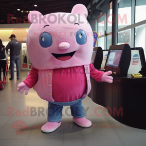 Pink Ray mascot costume character dressed with a Jeans and Coin purses