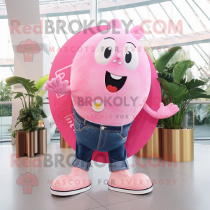 Pink Ray mascot costume character dressed with a Jeans and Coin purses
