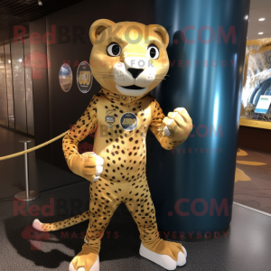 Gold Jaguar mascot costume character dressed with a Swimwear and Shoe laces