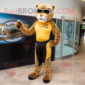 Gold Jaguar mascot costume character dressed with a Swimwear and Shoe laces