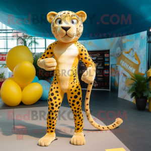 Gold Jaguar mascot costume character dressed with a Swimwear and Shoe laces