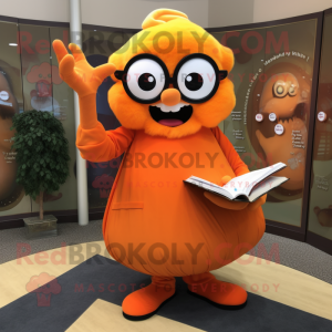 Orange Vampire mascot costume character dressed with a Circle Skirt and Reading glasses