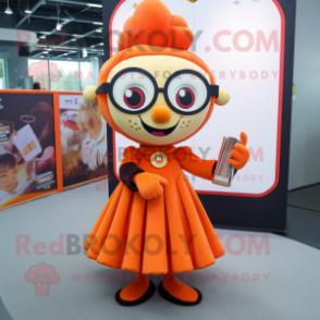 Orange Vampire mascot costume character dressed with a Circle Skirt and Reading glasses